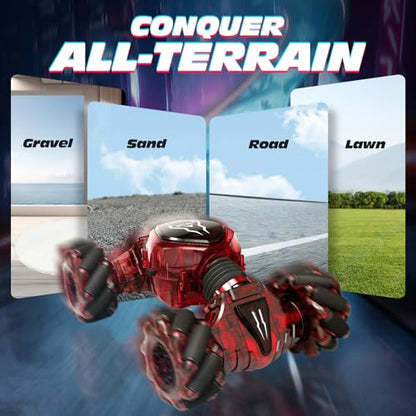 Tecnock Remote Control Car for Boys Girls, 2.4GHz 4WD Gesture Sensing RC Stunt Car Toys - 360° Rotating Double Sided Hand Controlled RC Cars with LED Lights, Gifts for Kids Ages 6-8, 8-12 - color: Deep Red