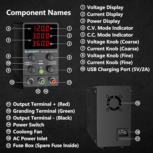 DC Power Supply Variable, 0-120V 0-3A Adjustable Switching DC Regulated Bench Power Supply with High Precision 4-Digit LED Display, 5V/2A USB Port, Coarse and Fine Adjustment SPS-12003 - color: SPS(Red LED), size: 120V 3A
