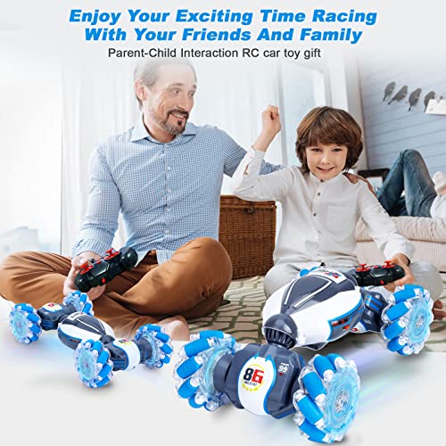 Fosgoit Gesture Sensing RC Stunt Car, Toys for Boys Girls 6-12 Year Old | Remote Control Car, Gifts for Boys and Girls Age 6+, 360° Rotate RC Car with Lights and Music, Gesture Sensing Rc Stunt Car - color: Blue-white