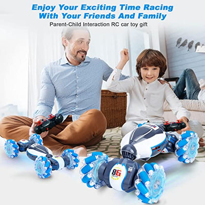Fosgoit Gesture Sensing RC Stunt Car, Toys for Boys Girls 6-12 Year Old | Remote Control Car, Gifts for Boys and Girls Age 6+, 360° Rotate RC Car with Lights and Music, Gesture Sensing Rc Stunt Car - color: Blue-white