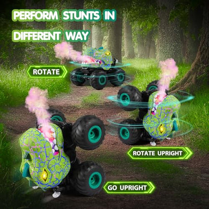 DYODYORC Remote Control Car, 2.4Ghz All Terrain Dinosaur Monster Truck Toys, RC Truck with Spay, Music, 3 Lighting Effects, Stunt Capable, Toy Gifts for Boys and Girls (Green) - color: Green