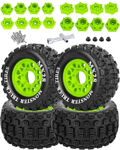 RC Wheels and Tires for 1/10 RC Scale Car,Rustler Stampede Hoss,Granite Vorteks Big Rock 3S,MX28 2.8" Truck Tires and Wheels w/ 12mm/14mm Hex,4pcs,Green - color: Green(4pcs)