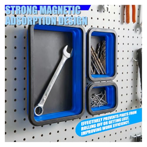 3PCS Collapsible Magnetic Parts Tray Set, Silicone Heavy-Duty Tool Tray with Strong Magnetic Base, Foldable Auto Organizer for Bolts, Nuts, Washers & Other Small Metal Parts (Blue)