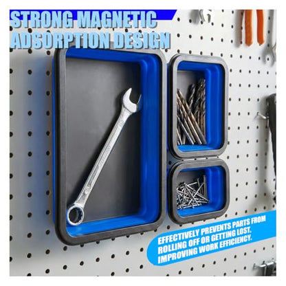 3PCS Collapsible Magnetic Parts Tray Set, Silicone Heavy-Duty Tool Tray with Strong Magnetic Base, Foldable Auto Organizer for Bolts, Nuts, Washers & Other Small Metal Parts (Blue)