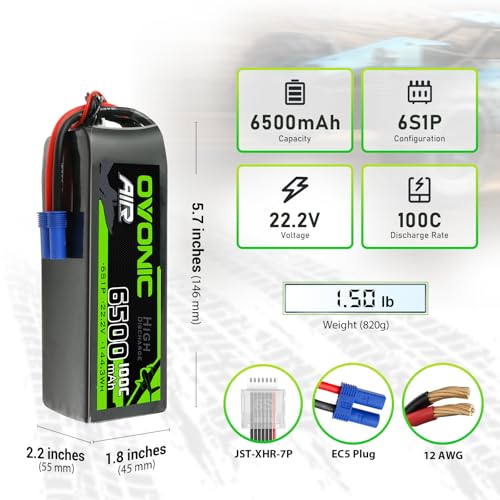 OVONIC Lipo Battery 6500mAh 100C 22.2V 6S RC Battery with EC5 Connector for RC Plane DJI Quadcopter RC Airplane RC Helicopter RC Car Truck Boat 2pcs