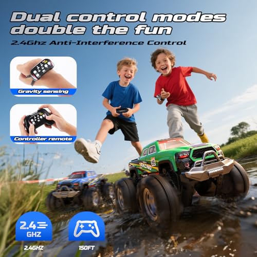 DEERC BG028 Amphibious RC Monster Truck/Boat, IPX7 Waterproof Remote Control Car W/Gesture Sensing Control, 2.4GHz 4WD RC Car W/ 360°Rotation,Flowing Light,40mins Play RC Truck Toys for Kids Boys