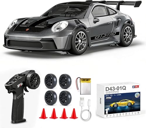ARRIS 1/43 911 RC Drift Car 4WD with Gyro Full Proportional RTR | Alloy Body, 20KM/H Speed, Extra Drift Tires, Silent Bearings, LED Lighting - color: Gray-911