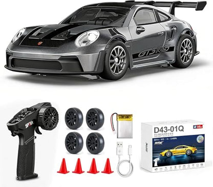 ARRIS 1/43 911 RC Drift Car 4WD with Gyro Full Proportional RTR | Alloy Body, 20KM/H Speed, Extra Drift Tires, Silent Bearings, LED Lighting - color: Gray-911