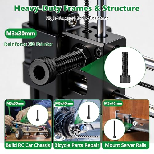 481PCS M3 Screw Assortment Kit, 12.9 Alloy Steel Hex Socket Cap Bolts | High-Tensile, M3 x 30/35/40/45/50mm, With Flat Washers & Allen Wrench, Black Zinc Plated For 3D Printing,RC,DIY,Home - size: M3 481pcs 3