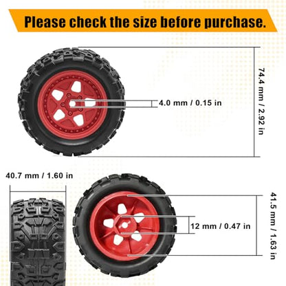 Pre-Glued 1/16 & 1/18 RC Monster Truck Rubber Tire & Nylon Wheel - 12mm Hex | Rubber Tires with Foam Fits for ARRMA 1/18 Granite/Typhon Grom, WLtoys A949, MJX Hyper Go H16 (4PCS, Red) - color: Red