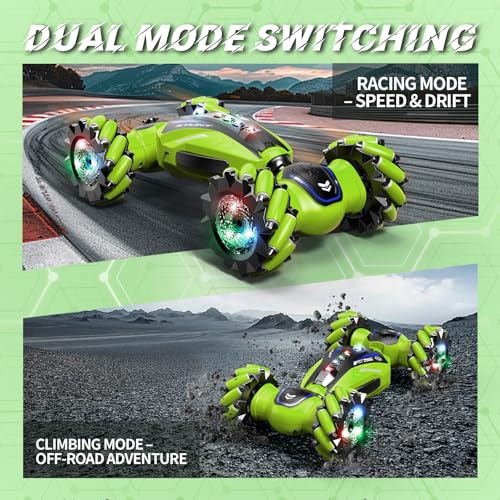 Gesture Sensing RC Stunt Car with Light Music and Mist Spray for Kids 6+, 4WD Off-Road Drift Remote Control Car, 2.4GHz Glove Remote, Rechargeable Toy Vehicle for Boys and Girls Birthday Gift - color: Green