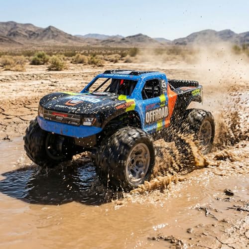 KB KAIBO Q205 1:12 Large Amphibious Remote Control Car - Waterproof RC Monster Truck with Waterproof Controller & 2 Modular Batteries for 60+ Min Play, 7.4V 4WD All Terrain Toy for Kids Adults-Blue - color: Q205 Blue
