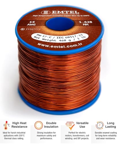 Emtel 14 AWG - 1 lb (80 feet) 99.9% Pure Copper Wire, Enameled Magnetic Wire for Motor, Transformer, Magnetic Coil, & Electroculture Gardening, Winding Magnet Wire - 220°C (428°F) Thermal Class - style: 14 AWG