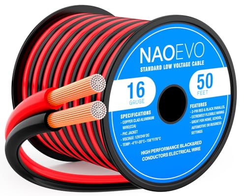 NAOEVO 16 Gauge Wire 2 Conductors, CCA Red Black Electrical Wire, 50FT | Flexible, High Conductivity & Wear-Resistant 16 AWG Wire with PVC insulation for Automotive, Speaker, LED, Marine, 12V/24V DC - size: 50ft, style: 16AWG