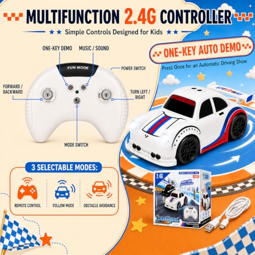 BYTEWAR Toddler Remote Control Car, Follow & Escape Modes, 360° Stunt Drift | Electric Hobby RC Car Toys, Christmas Birthday Gifts Toys for Kids Boys Girls 3 4 5 6 7 8 Years Old - color: White Car