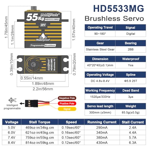 HobbyPark 759oz-in 55kg RC Servo High Torque Waterproof Steering Servo Metal Gear Stainless Steel Gears Aluminum Case for 1/7 1/8 1/10 RC Crawler Car Truck Buggy Programmable (Brushless Motor)