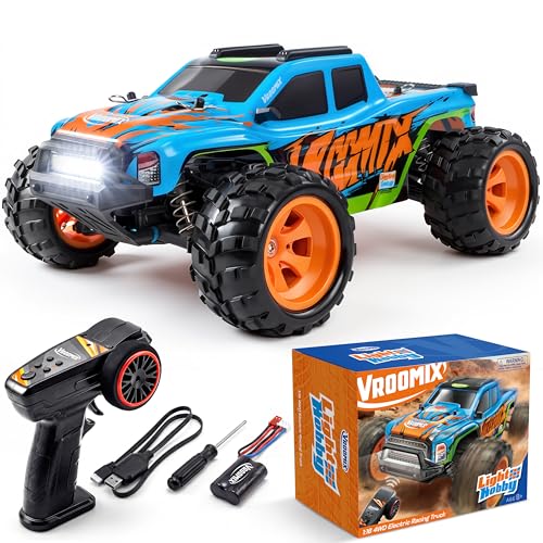 Vroomix 1:16 4WD RC Car, Blue Remote Control Light Hobby Racing Monster Truck Toy Gift for Kids, 3 Driving Modes, Up to 28 Mph, 35 Mins, 110 Ft Range, Toy Truck for Boys Age 8-12 & Adults - color: Blue
