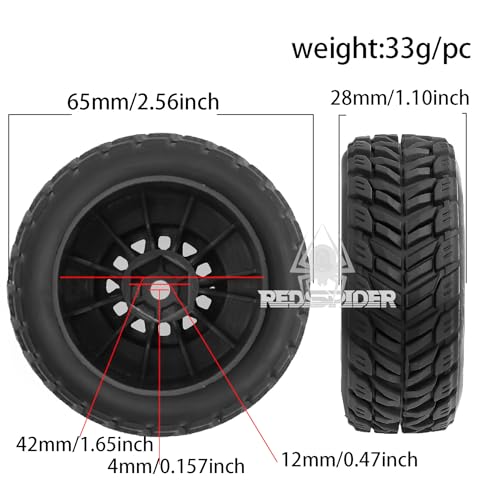 REDSPIDER • RC Short Course Truck Tires and Wheels(4PCS) Hex 12mm Rubber Vacuum Tyres OD 2.56" for Traxxas Tamiya Kyosho HPI for 1/14 1/16 1/18 RC Off On Road ARRMA Mojave GROM Rally Car (Black)