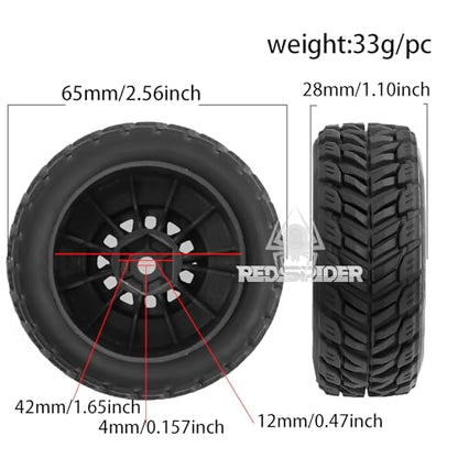 REDSPIDER • RC Short Course Truck Tires and Wheels(4PCS) Hex 12mm Rubber Vacuum Tyres OD 2.56" for Traxxas Tamiya Kyosho HPI for 1/14 1/16 1/18 RC Off On Road ARRMA Mojave GROM Rally Car (Black)