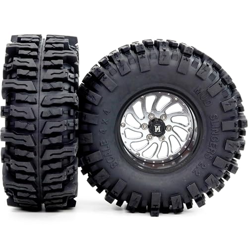 2.2 Beadlock Wheels and Tires Set, 124mm Tall 2.2 Mud Slingers Tires & Adjustable Offset 2.2 Wheels Rims for 1/10 RC Crawler Everest 10 SCX10 Capra Wraith Upgrades,HS701583 - color: Black & Silver