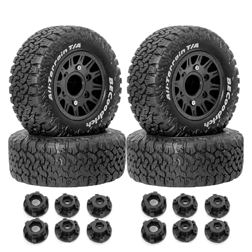 1/10 1/8 RC Short Course Truck Tires OD 113mm and Wheels 12mm 14mm 17mm Hex for 1:8 1:10 Scale Off Road Truck Car Traxxas Slash 2WD 4×4 Axial Losi Redcat Rc4wd Arrma Senton 4PCS (Black) - color: Black