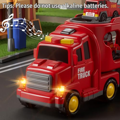 JUKUDAHU Fire Truck Toys for Kids Ages 3-5 - Carrier Vehicle Toy Set | Car Toys for Boys Ages 3+, Fire Toys, Kids Toys Truck Set for Ages 3-9, Birthday Gifts for Boys Girls - style: 5 IN 1 Fire Truck