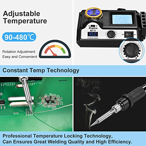 Preciva 927II Soldering Station, 120W MAX Soldering Iron Set with 5 Extra Iron Tips, Adjustable Temperature 194°F to 896°F, Auto Standby,°C/°F Conversion,Tip Cleaner - size: 927II
