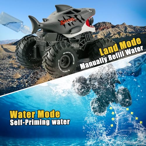 BOBXIN Amphibious Remote Control Shark Toy Monster Truck Grey | Squirt Water All-Terrain Off-Road Waterproof 4WD 2.4Ghz RC Boat Car Pool Water Toys for Kids Age 6+ - color: Grey