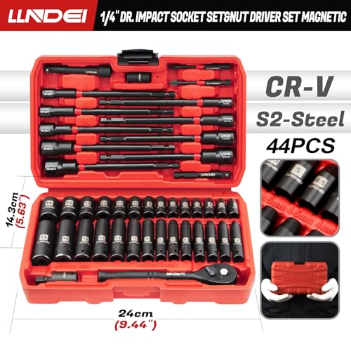 1/4" Drive Socket Set & Nut Driver Set with Ratchet, 44Pcs | 1/4-Inch Sockets Deep&Shallow Metric(4-15mm), 1/4" Hex Shank 6" Long Nut Drivers(6-14mm) for Impact Drill Bits(PH1 PH2) - size: 44PCS Metric