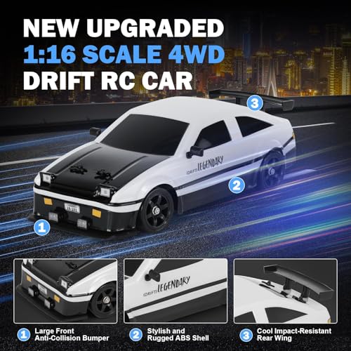 RC Drift Car, 1:16 Scale AE86 Model RC Drift Car, 4WD 18KM/h High Speed Remote Control Cars with LED Lights, Spray, Drifting Tires, Sport Racing On-Road Vehicle for Teens Adults