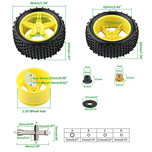 1/10 Buggy Tires & Wheels - Front 34mm Rear 41mm Off-Road Tires with 12mm Hex Yellow Rims, Compatible with Traxxas Bandit VXL, Redcat Tornado, Tamiya - color: Yellow