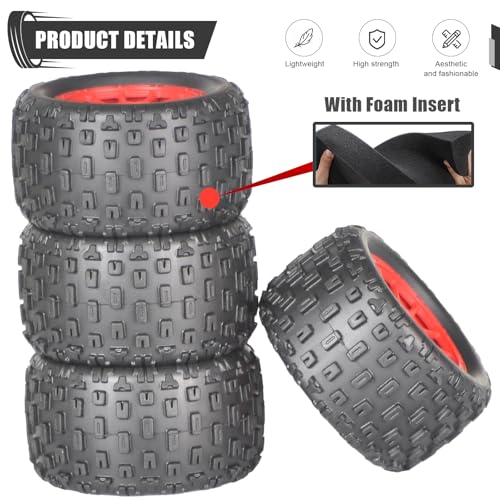 4Pcs Monster Truck Tires 1/16 1/18 Scale 74mm Pre-glued Foam Insert Tires for ARRMA Granite 1/18 Granite/ Typhon, WLtoys A949, MJX Hyper Go H16, High-Grip Ready-to-Run - color: Red