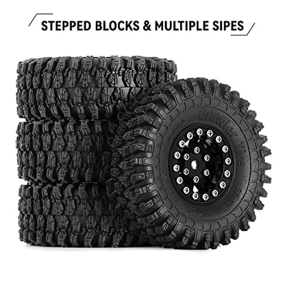 INJORA 1.0 Beadlock Wheel and Tire for 1/18 1/24 RC Crawler, 57*22mm(Black) - color: Black