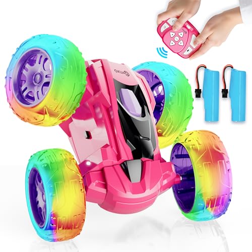 Contixo SC3A Toy Remote Control Car for Kids with Double-Sided 360° Rotating Stunt, 4WD Off-Road RC Cars with LED Lights, Birthday for Boys and Girls Ages 4 5 6 7 - Pink - color: Pink