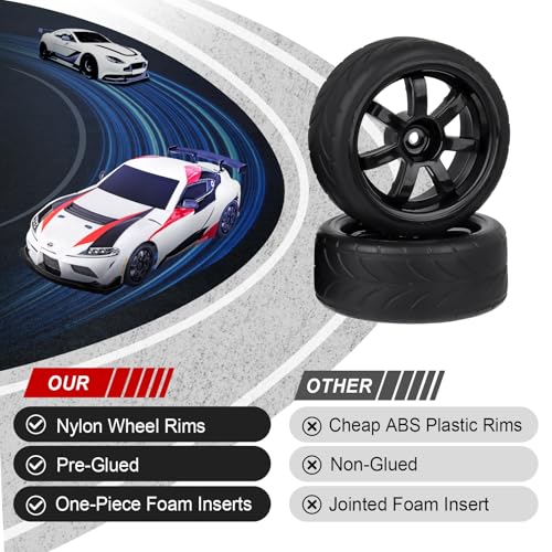 HobbyPark Glued 1/10 On-Road RC Touring Tires and Wheels Set for 1/18 Traxxas Latrax Teton 4 Tec 2.0 3.0 Tamiya TT02 TT01 Brushless (4-Pack) (Color E) - color: Color E