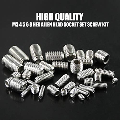 Hilitchi 295Pcs M3/4/5/6/8 304 Stainless Steel Set Screw Assortment with Internal Hex Drive and Cup Point, Metric - color: Silver - Metric - 295pcs