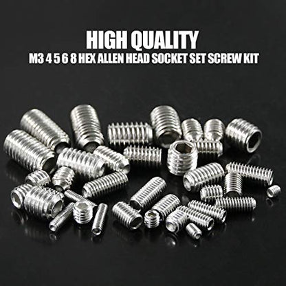 Hilitchi 295Pcs M3/4/5/6/8 304 Stainless Steel Set Screw Assortment with Internal Hex Drive and Cup Point, Metric - color: Silver - Metric - 295pcs