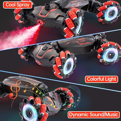 Gesture Sensing RC Stunt Car, 360° Off-Road,Gift for 5-13 Kids | Dual gesture & remote control, 4WD 360° rotating drift RC car with cool lights & music, ideal birthday gift for 5-13 boys - color: L-red