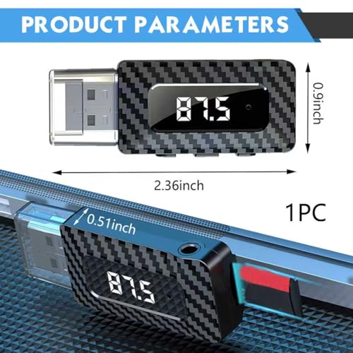 Car USB Bluetooth Receiver, HD LED Display FM Transmitter Audio Adapter, DC 5V Plug and Play Adjustable Frequency Bluetooth Receiver with AUV Connector, for Most Cars Home (Black)