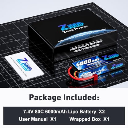 Zeee 2S Lipo Battery 6000mAh 80C 7.4V with T Connector (2 Pack) | Hard Case RC Battery for 1/8 Scale RC Car RC Airplane RC Helicopter RC Boat
