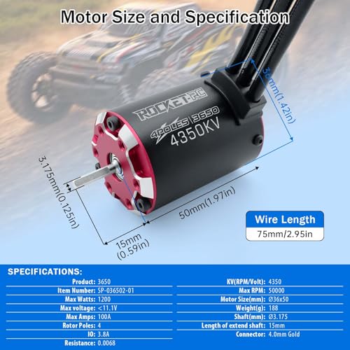 Surpass Hobby 3650 Brushless Motor and ESC for 1/10 RC Car(4350KV 90A) | Supersonic brushless motor and esc,Waterproof ESC Shaft 3.175mm Brushless Motor for 1/10 RC Cars Trucks - style: SUP3650 Motor 4350kv +90A V2