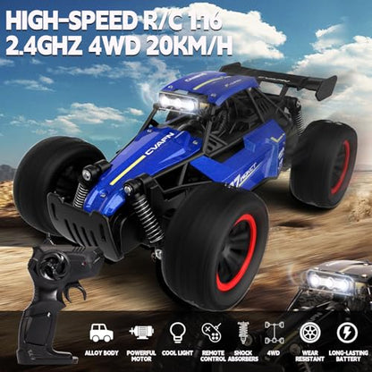 1/16 Scale Remote Control Monster Truck, 20 + km/h Outdoor 2WD Off Road Hobby RC Truck With LED light & rechargeable battery, All Terrain Fast RC Car Toy, Ideal Gift for Kids Boys & Girls Age 6-12 - color: Blue