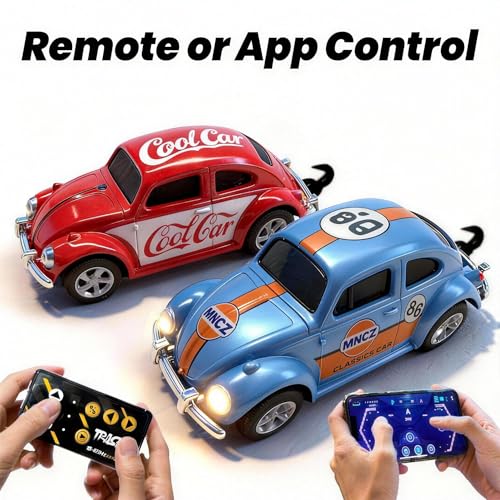 Mini Retro RC Car, 1/64 Scale Mini Beetle, 2.4Ghz & APP Remote Control (Blue) - color: Blue