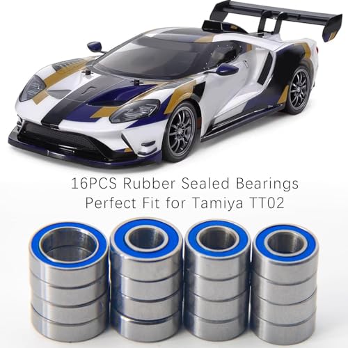 TT02 Bearings 16Pcs RC Car Sealed Ball Bearings Kit for Tamiya TT-02, TT01 1/10 RC Parts Rubber Sealed Bearings Kit Compatible with Tamiya Chassis - Reduce Friction, Boost Speed & Durability