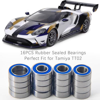 TT02 Bearings 16Pcs RC Car Sealed Ball Bearings Kit for Tamiya TT-02, TT01 1/10 RC Parts Rubber Sealed Bearings Kit Compatible with Tamiya Chassis - Reduce Friction, Boost Speed & Durability