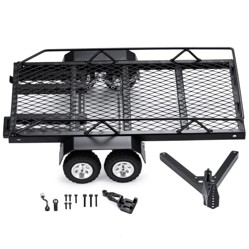 RC Trailer for Hauling Behind Car with Hook for 1/24 SCX24 FCX24 | Metal Flatbed Hitch Mount Trailer RC Crawler Car Heavy Duty Truck Trailer Upgrades