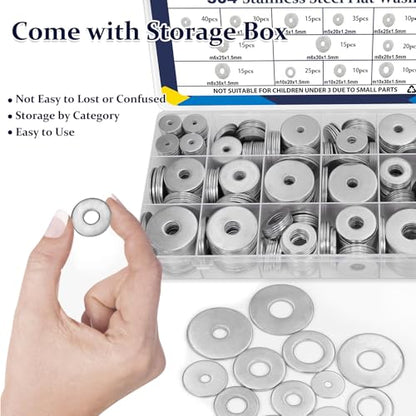 ZQZ 290Pcs Flat Washers, 304 Stainless Steel Fender Washers Assortment, 15 Different Sizes Wide Washer M3 M4 M5 M6 M8 M10 M12 Assorted Flatwashers Kit - size: 15 Sizes 290 Pieces