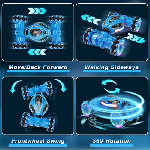 Gesture Sensing RC Stunt Car, Remote Control 2.4GHz 4WD Hand Controlled Car | Toys Gift for Boys and Girls Ages 6-12, 360° Rotating RC Cars with Lights and Music, Ideal Birthday and Xmas Gift - color: Blue
