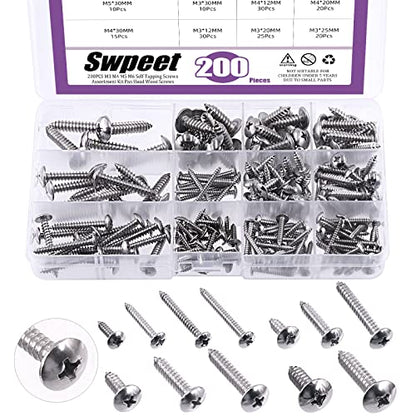 Swpeet 200Pcs #6#8#10#12 304 Stainless Steel Phillips Truss Head Self Tapping Screws Phillips Cross Drive Wood Screws Sheet Metal Screws Assortment Kit for Sheet Metal, Wood, PVC Plastic - size: Assortment Kit