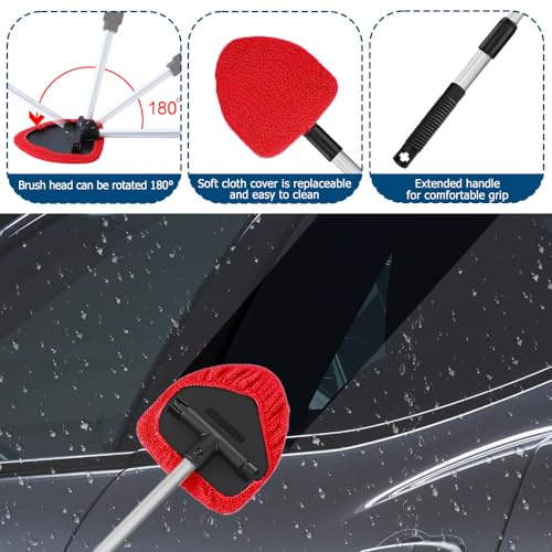 Car Wash Brush with Long Handle, Windshield Cleaning Tool, Car Washing Mop Kit Mitt Sponge Car Cleaning Supplies Kit, Microfiber Towel Gloves Universal for Cars RV SUV Truck Office (Red) - color: Red